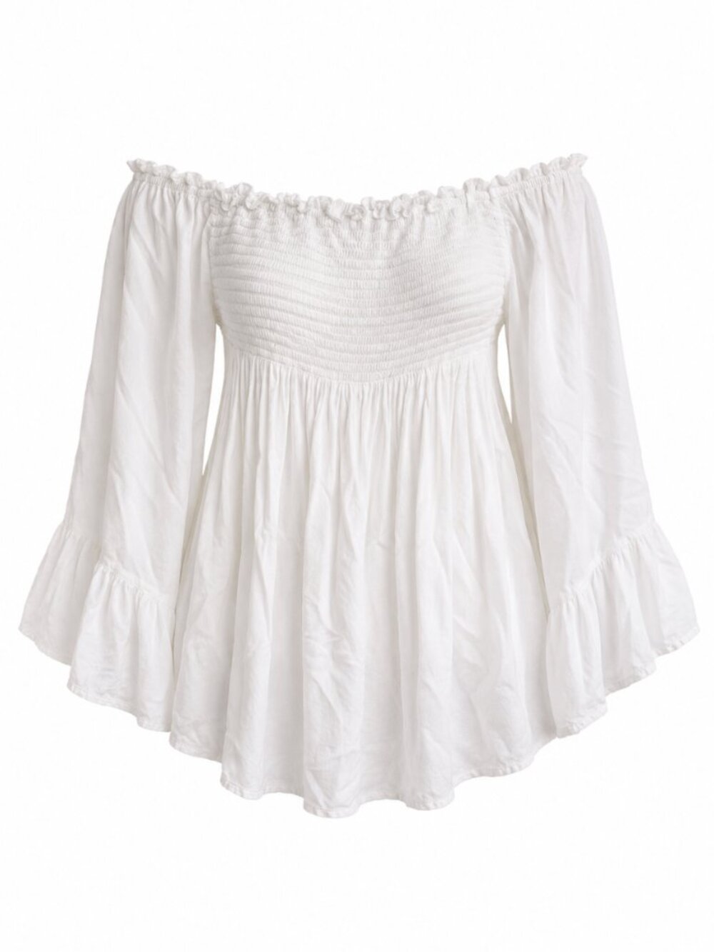💖 2/40 Bonanza White Smocked Boho Bell Sleeve Mini Dress Size M